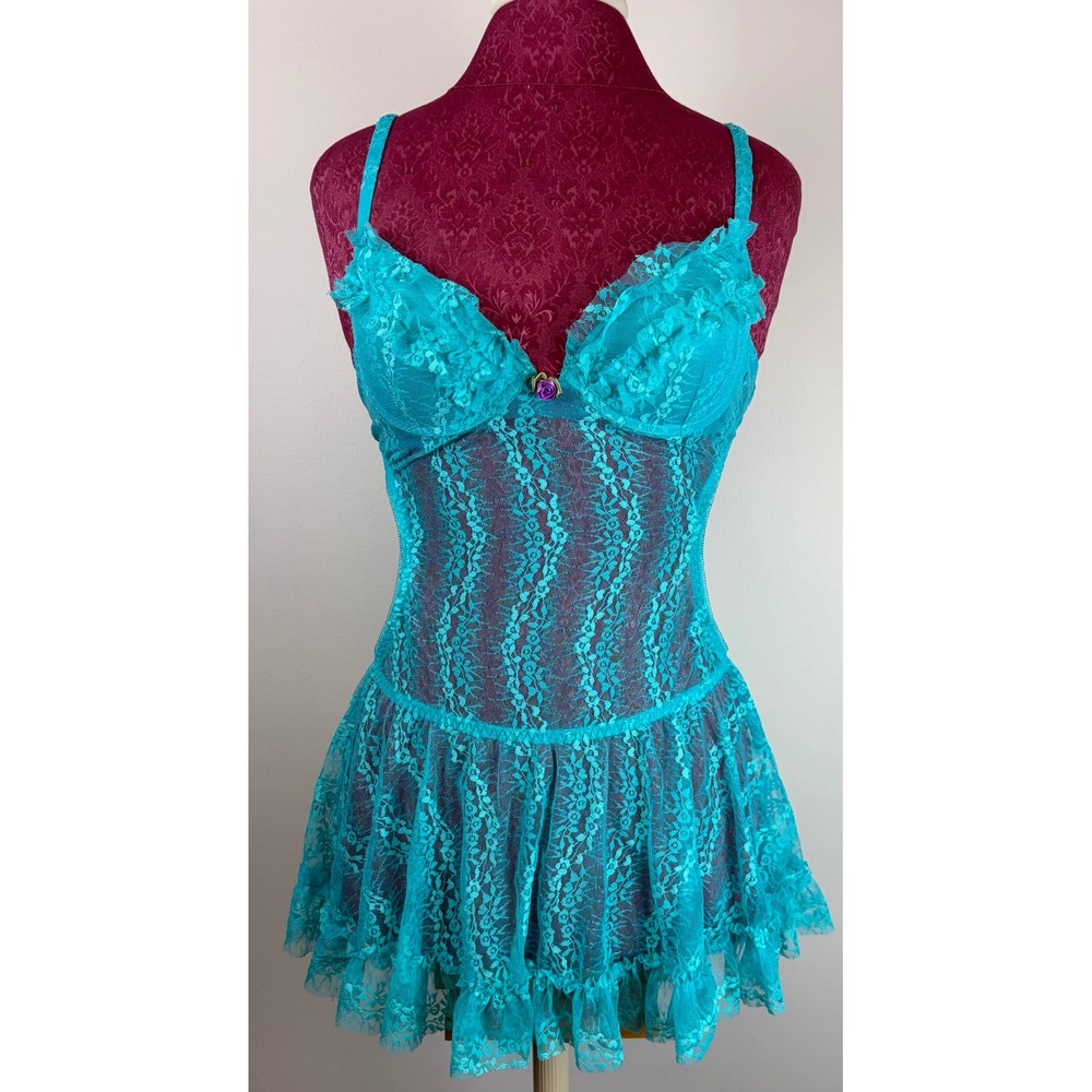 VTG Y2K Cinema Etoile Babydoll Teddy Nightie Small Turquoise Lace Sheer Mermaid